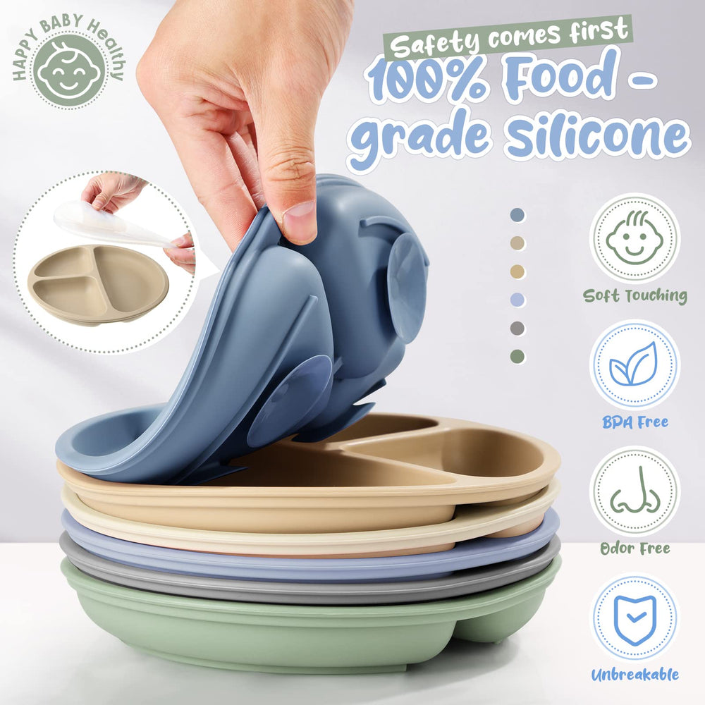Meanplan toddler plate divided-tray highlights sturdy silicone surface for mess-free meals.