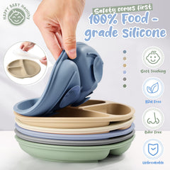 Meanplan toddler plate divided-tray highlights sturdy silicone surface for mess-free meals.