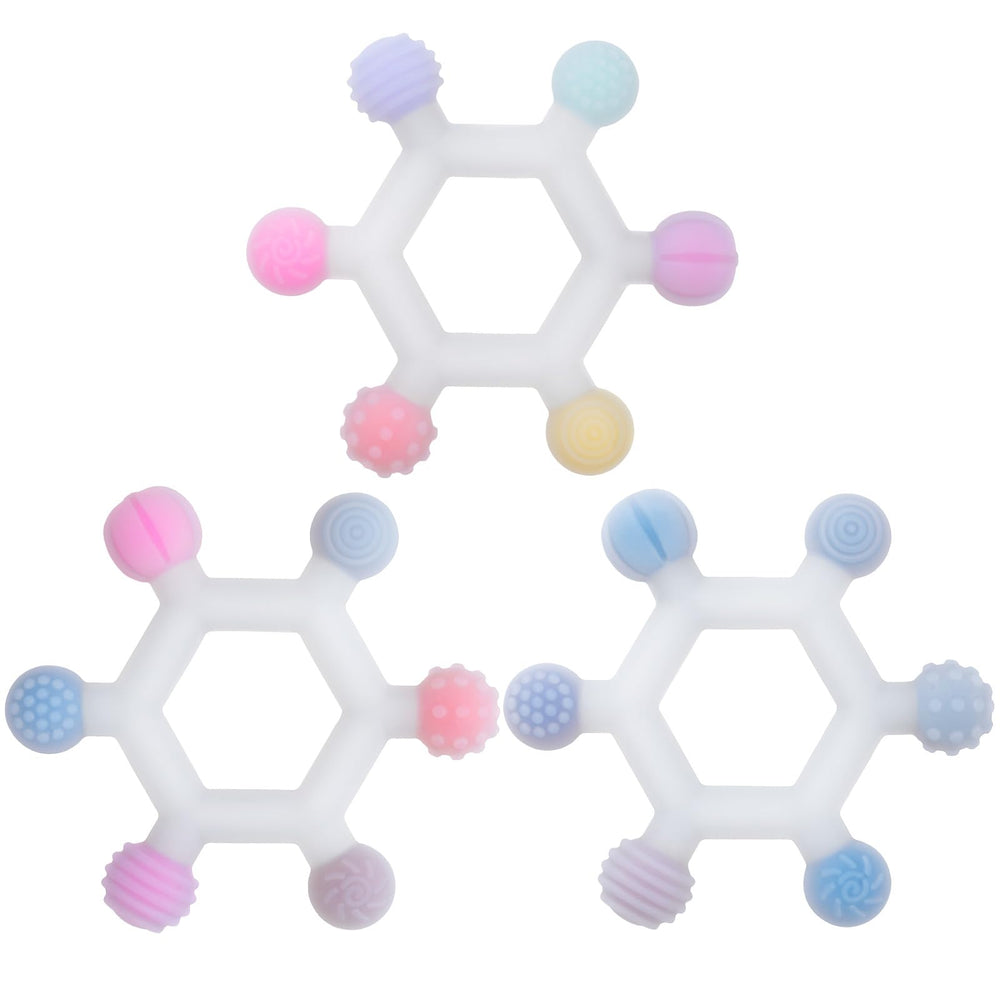 Meartchy 3Pack teether hexagonal massage with six textured nubs for gum massage.