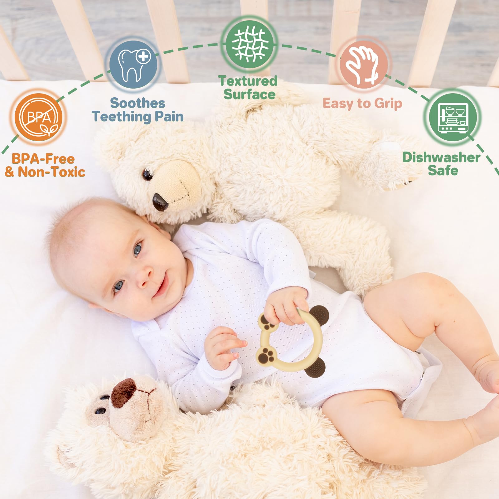 Meartchy bear teether yellow; bright design for visual stimulation and gum comfort.