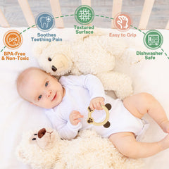 Meartchy bear teether yellow; bright design for visual stimulation and gum comfort.