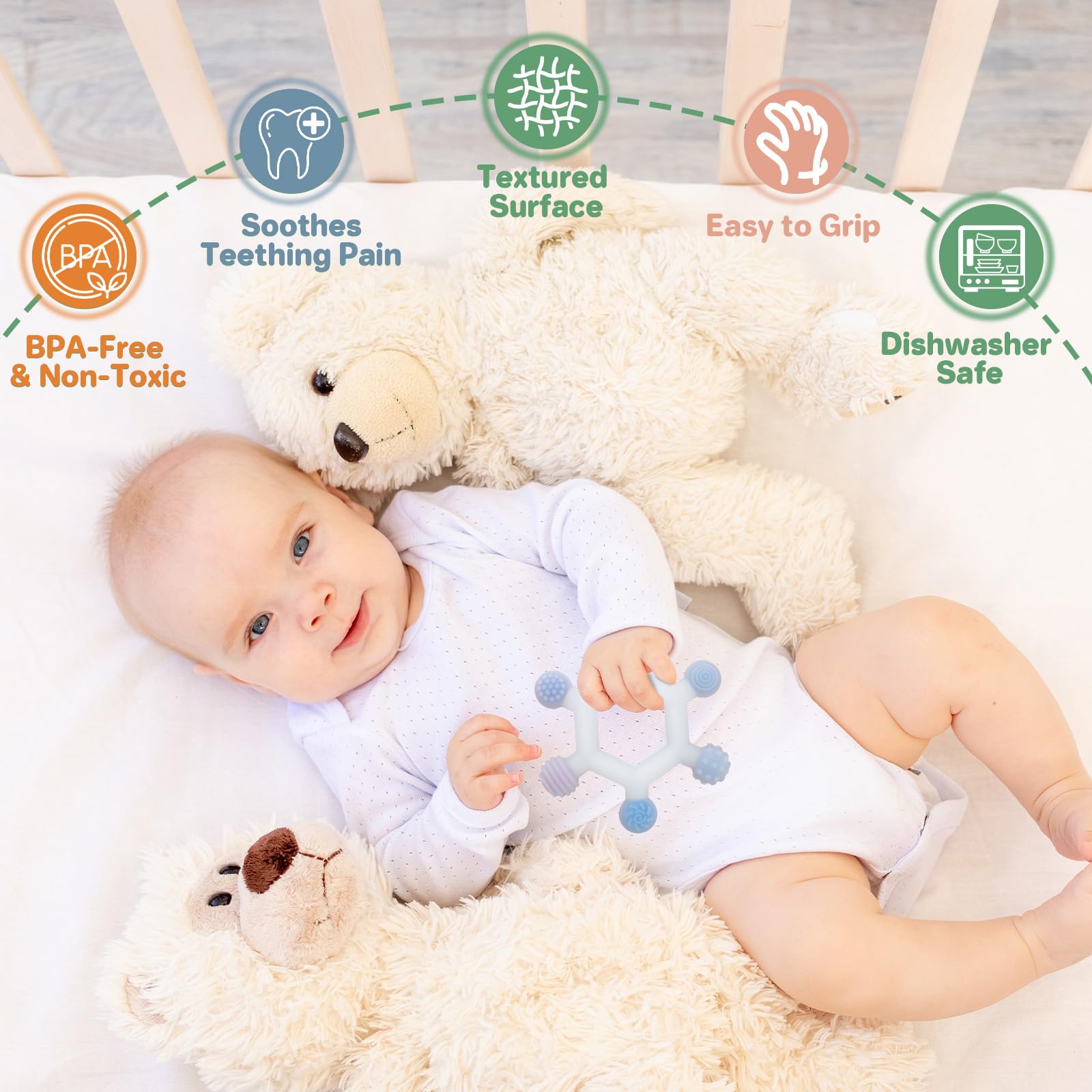 Meartchy teether texture dots focusing on varied gum stimulation.