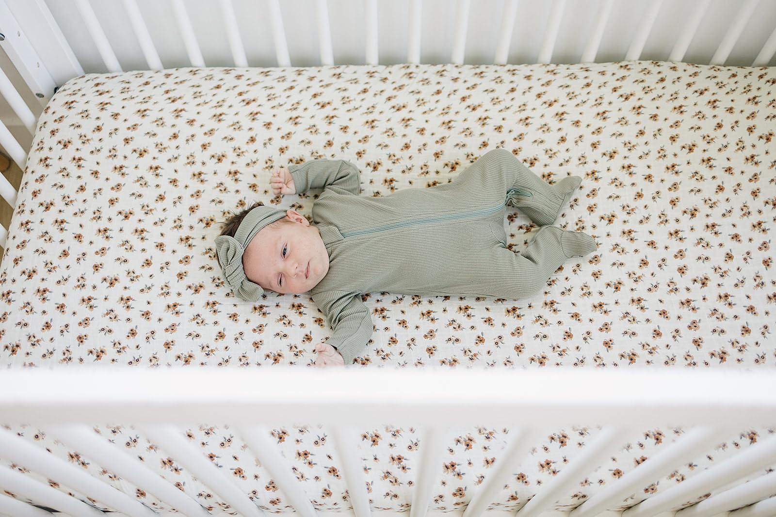 Mebie Baby Autumn Bloom muslin sheet features durable, easy-care fabric.