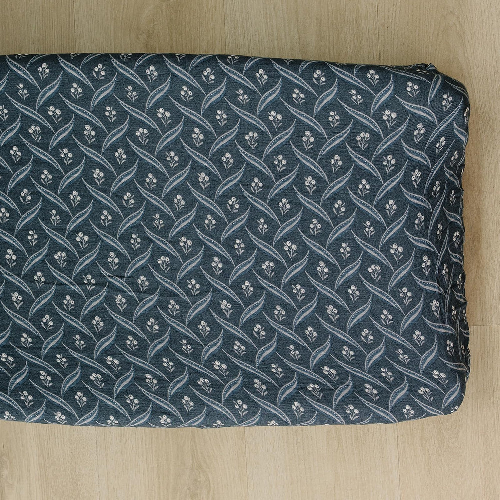 Mebie Baby Changing Pad Cover Navy Berry on a standard pad, soft muslin and easy to clean.