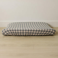 Mebie Baby vintage plaid changing pad cover on a standard pad demonstrates a stylish nursery fit.