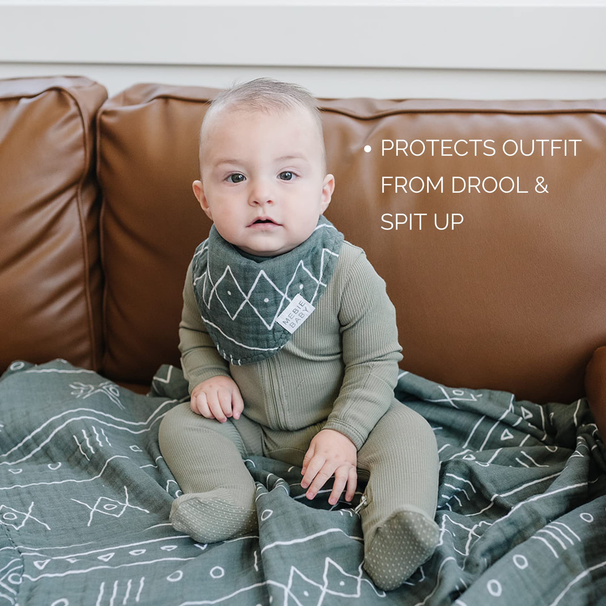 Mebie Baby easy-on-off bib design helps quick changes during messy moments.