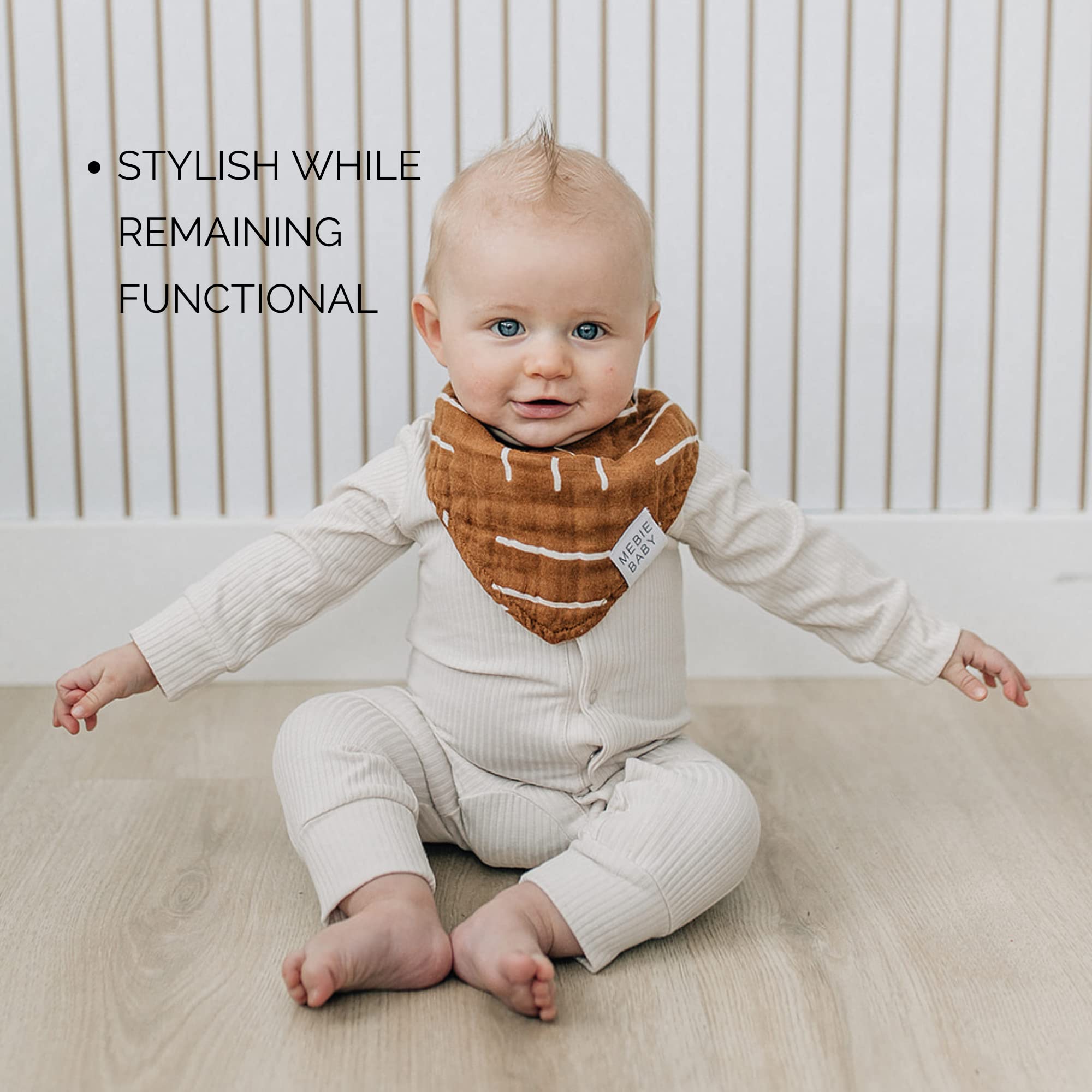 Mebie Baby machine-washable bibs simplify cleanup after spills and drool.