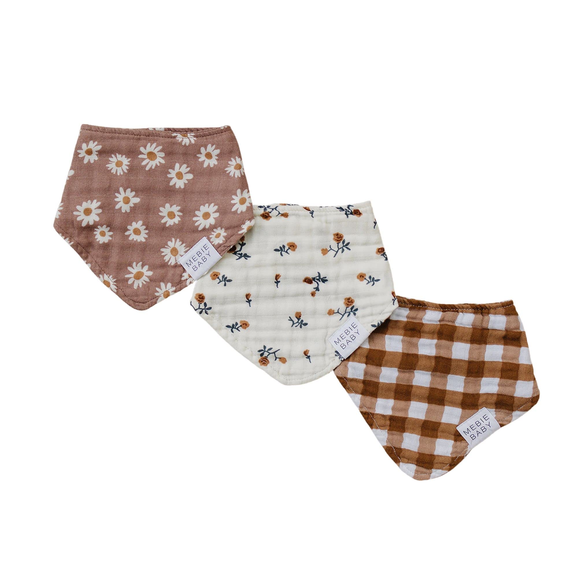 Mebie Baby muslin bib 3-pack in designer colors for stylish outfits and mess protection.