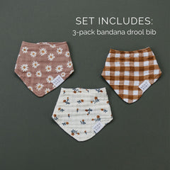 Mebie Baby muslin bib color variety shown with different outfits.