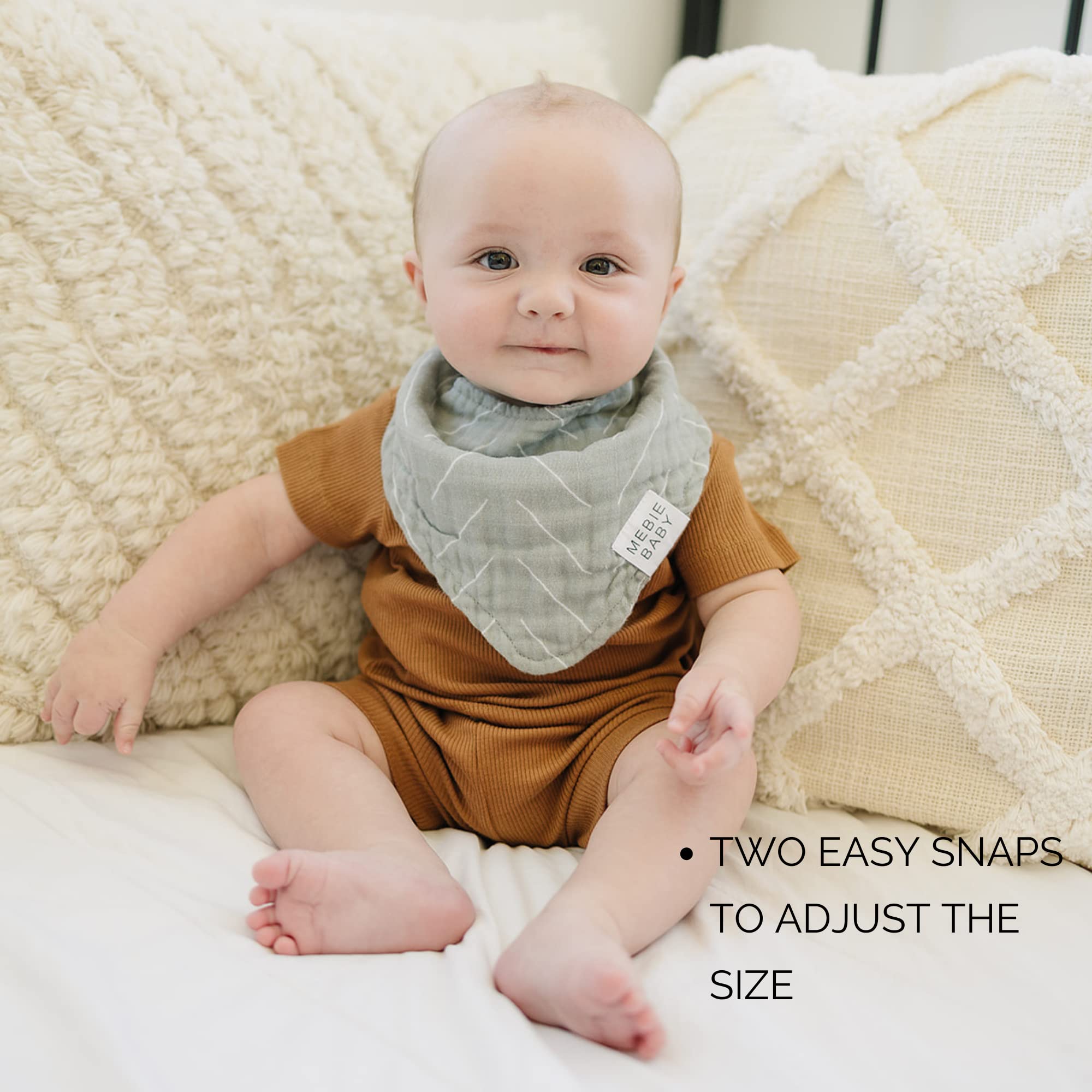 Mebie Baby muslin bib protecting outfit from spit-up and drool