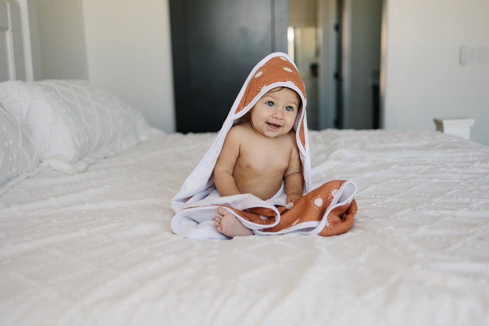 Mebie Baby muslin hooded towel grows with baby from newborn to toddler