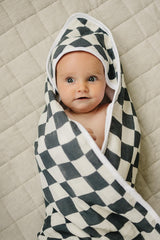 Mebie Baby charcoal checkered hooded towel adds stylish, practical bath time decor