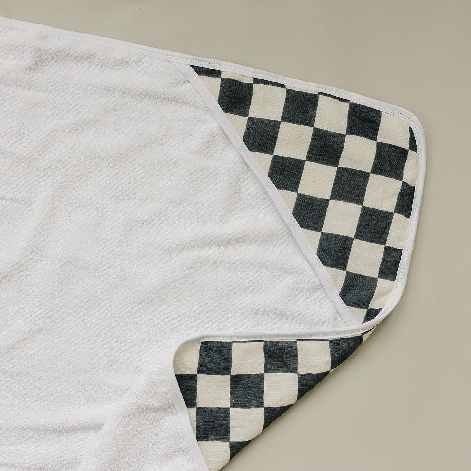 Mebie Baby muslin hooded towel charcoal checkered front view for cozy warmth