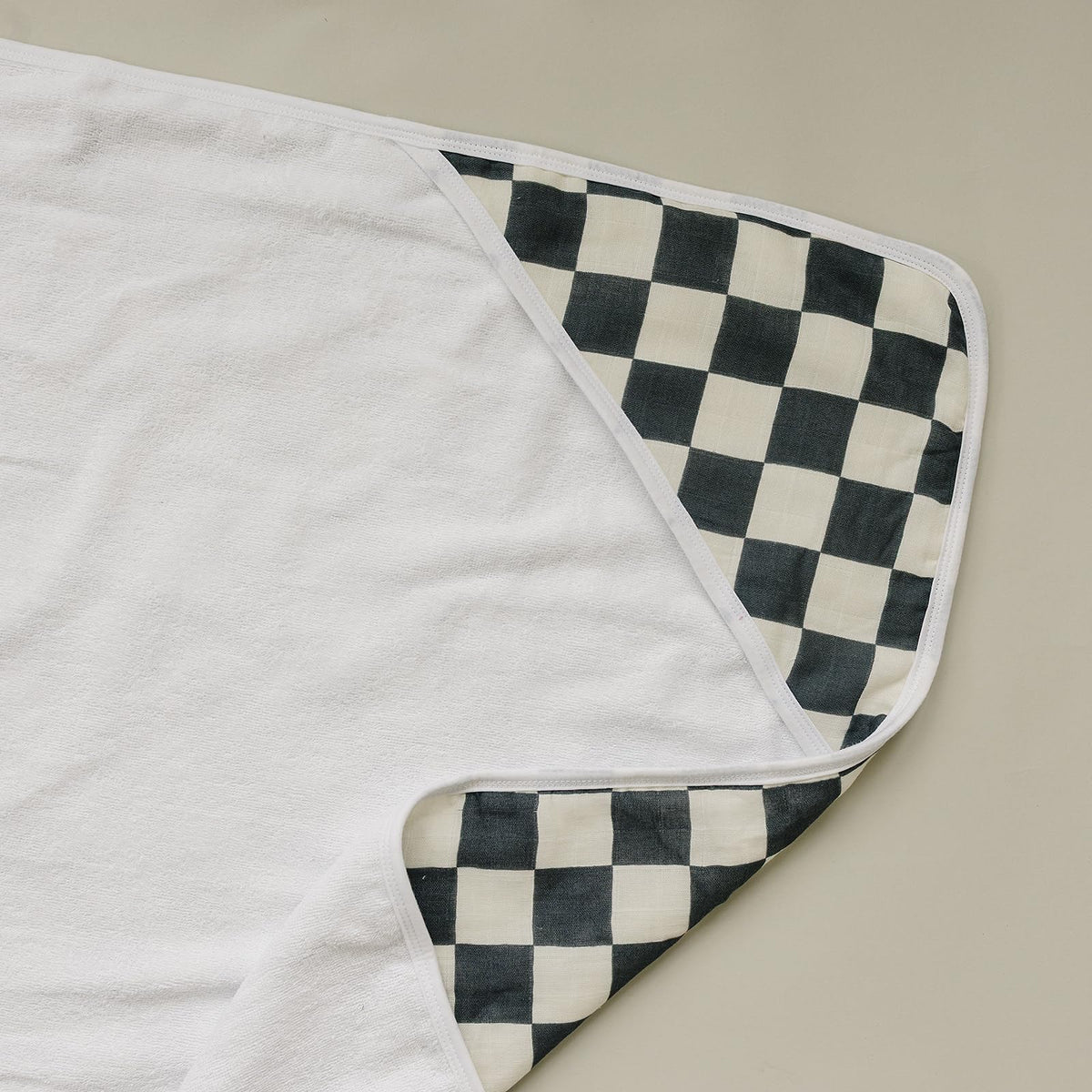 Mebie Baby muslin hooded towel charcoal checkered front view for cozy warmth