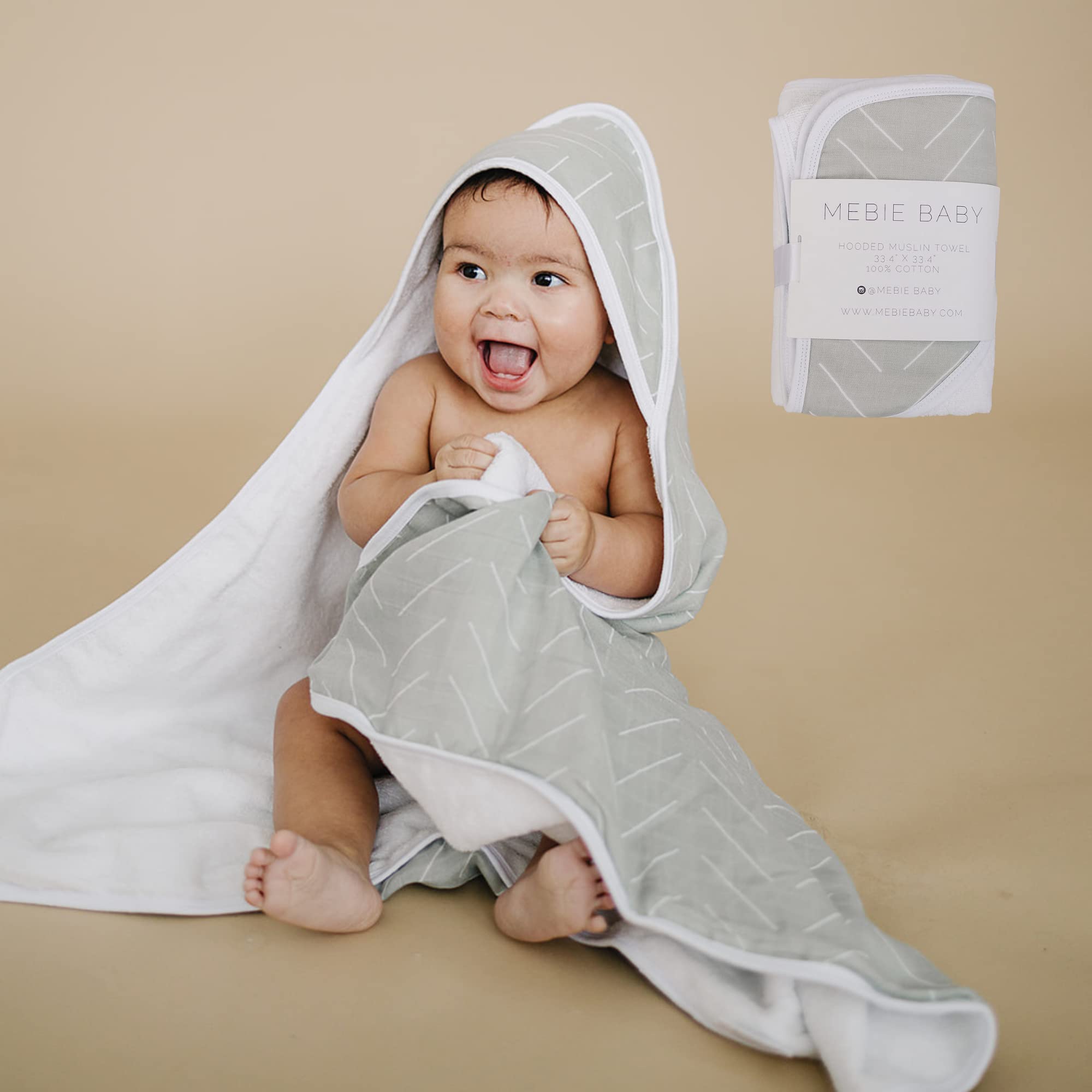 Mebie Baby Muslin Hooded Towel Desert Sage closeup of soft fabric for gentle drying