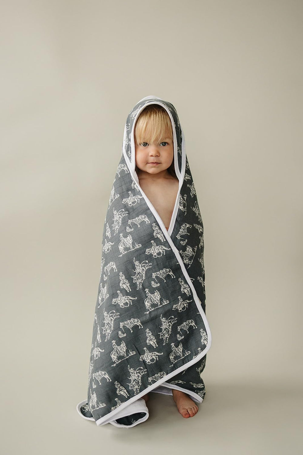Mebie Baby hooded towel close-up on designer print for quick hair drying.