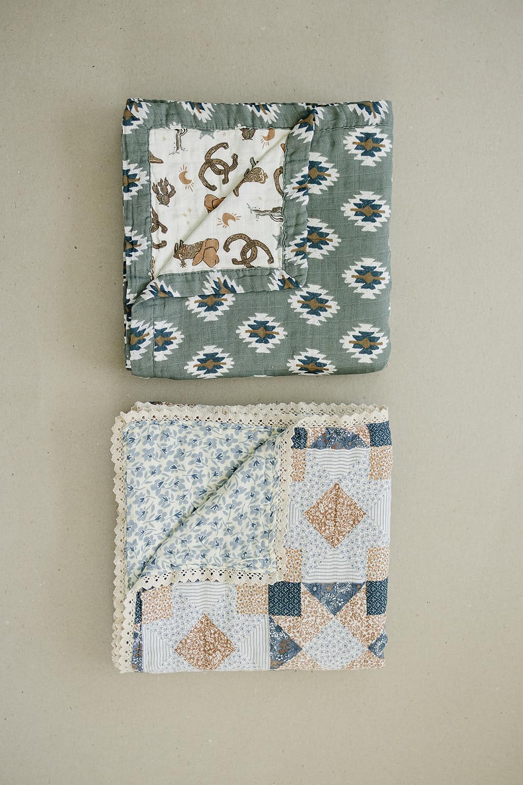 Mebie Baby muslin quilt folded in a tidy nursery scene for easy care.