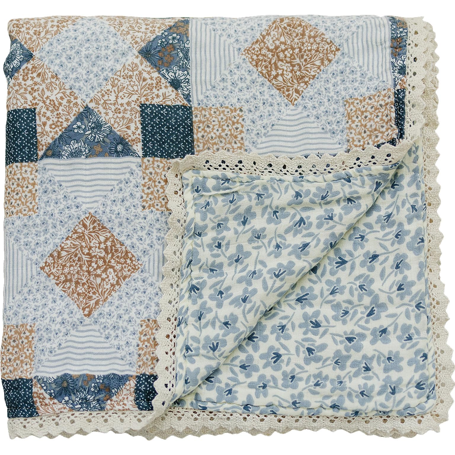 Mebie Baby muslin quilt patchwork print blue blossom shown as a cozy blanket.