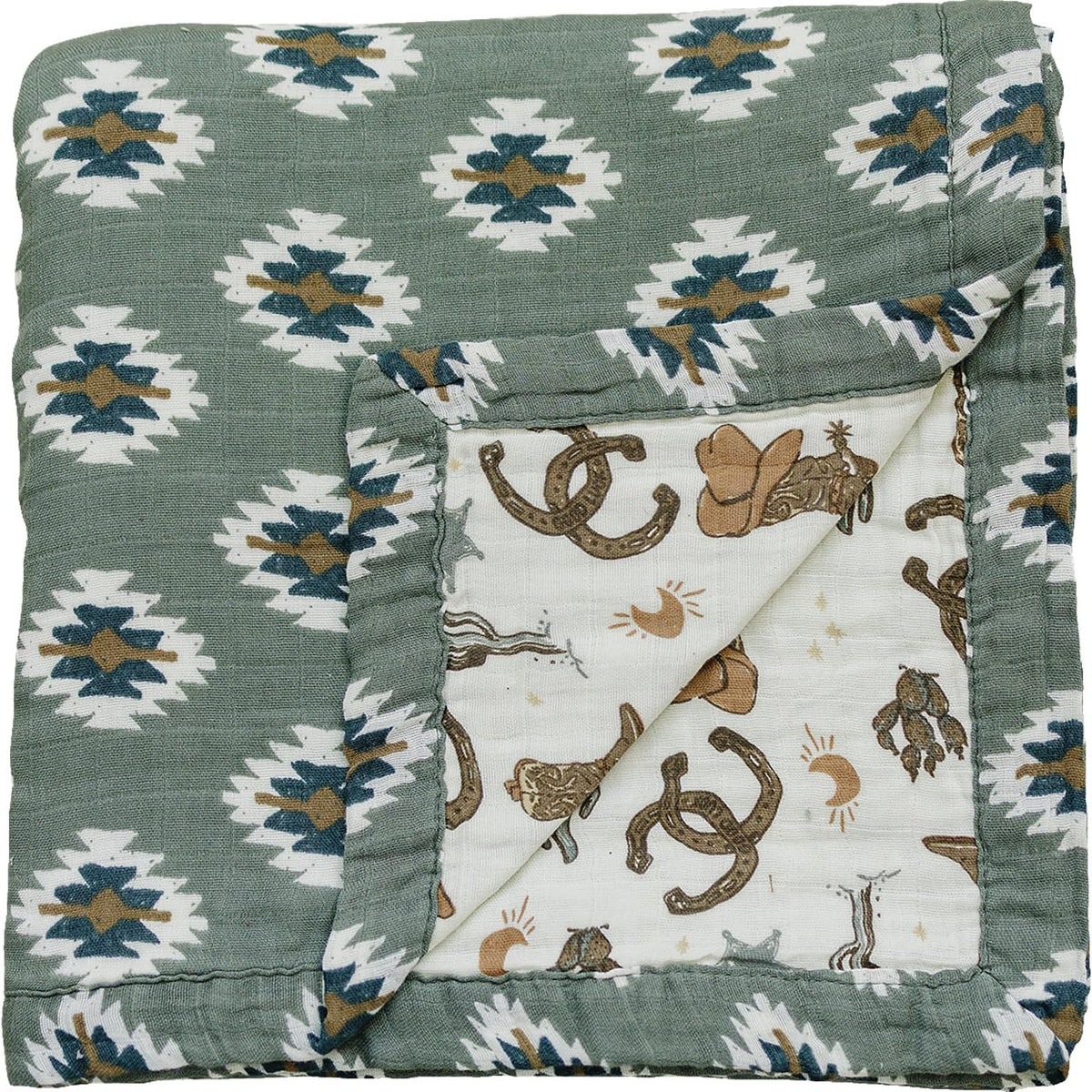 Mebie Baby muslin quilt in Southwest Aztec pattern for newborn comfort and versatility.