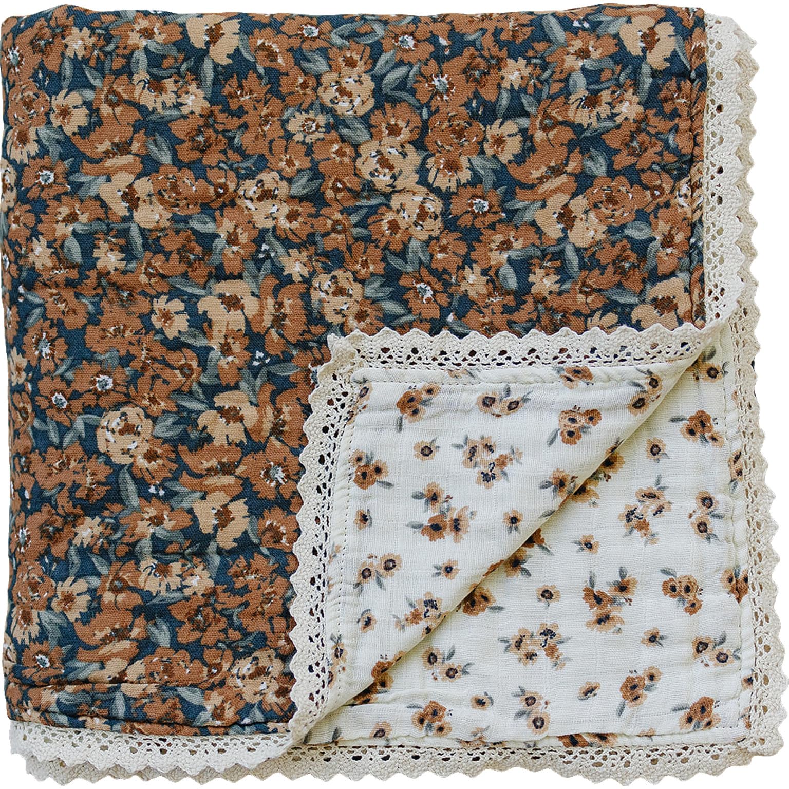 Mebie Baby muslin quilt venetian-floral close-up, breathable cotton for comfy naps.