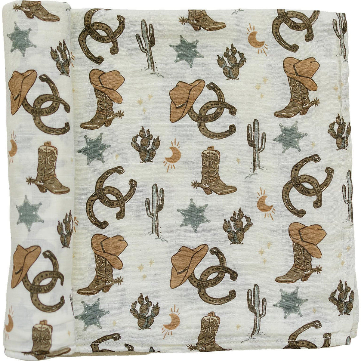 Mebie Baby Outlaw Cowboy Swaddle closeup highlights soft breathable muslin for baby comfort.
