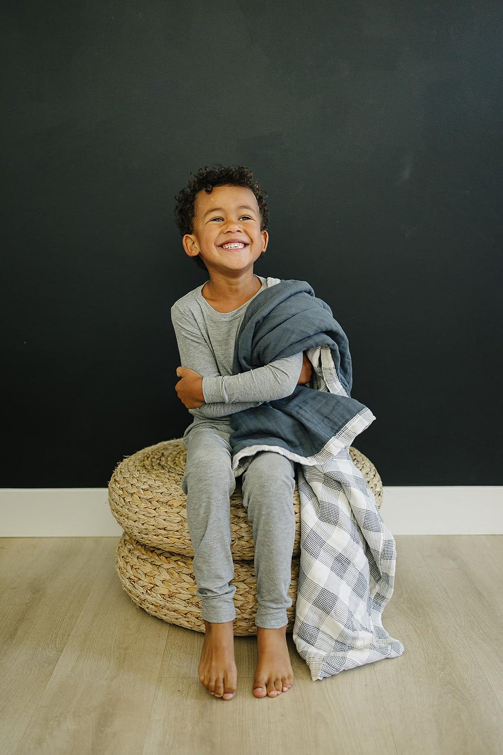 Mebie Baby quilt coastal plaid navy; large 47x47 inch size for generous coverage.