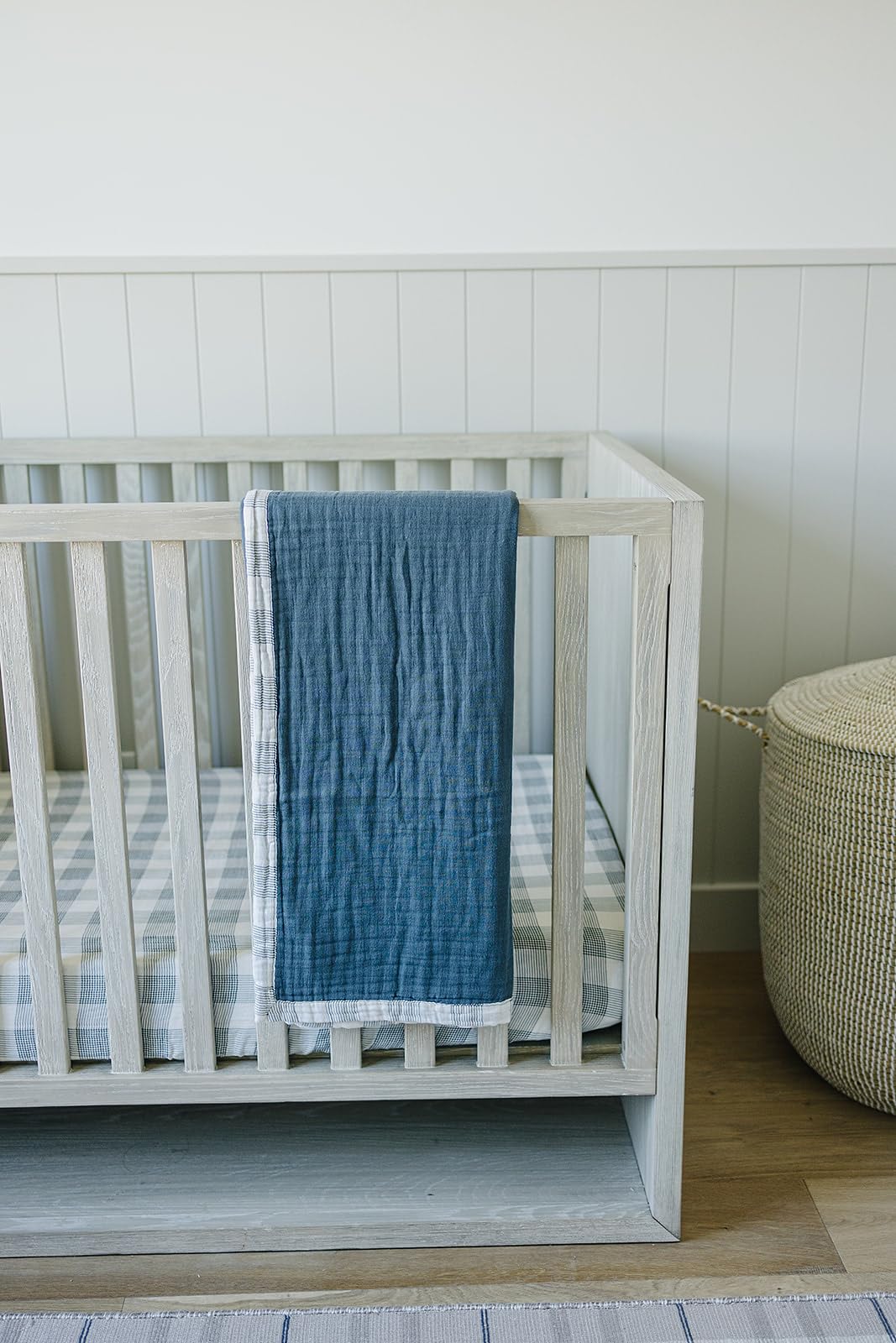 Mebie Baby quilt coastal plaid navy; machine washable comfort that softens with wash.