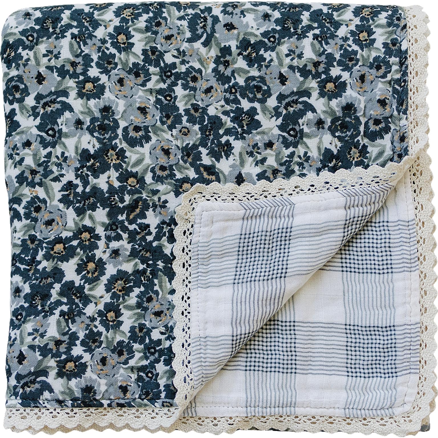 Mebie Baby Quilt Liberty Floral closeup showing soft breathable muslin for cozy newborn moments