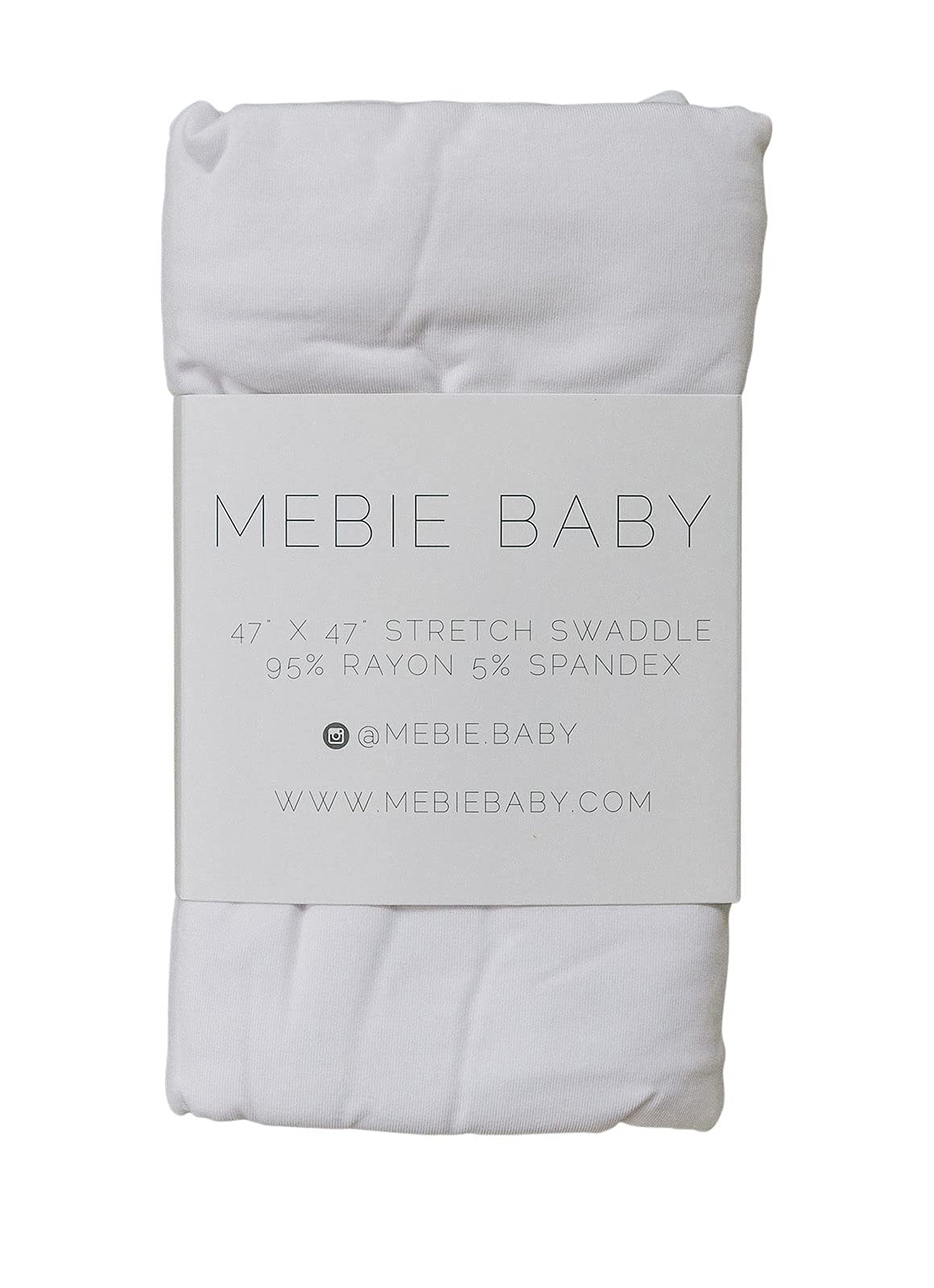 Mebie Baby white stretch swaddle demonstrates generous 47x47 inch size for secure wrapping.