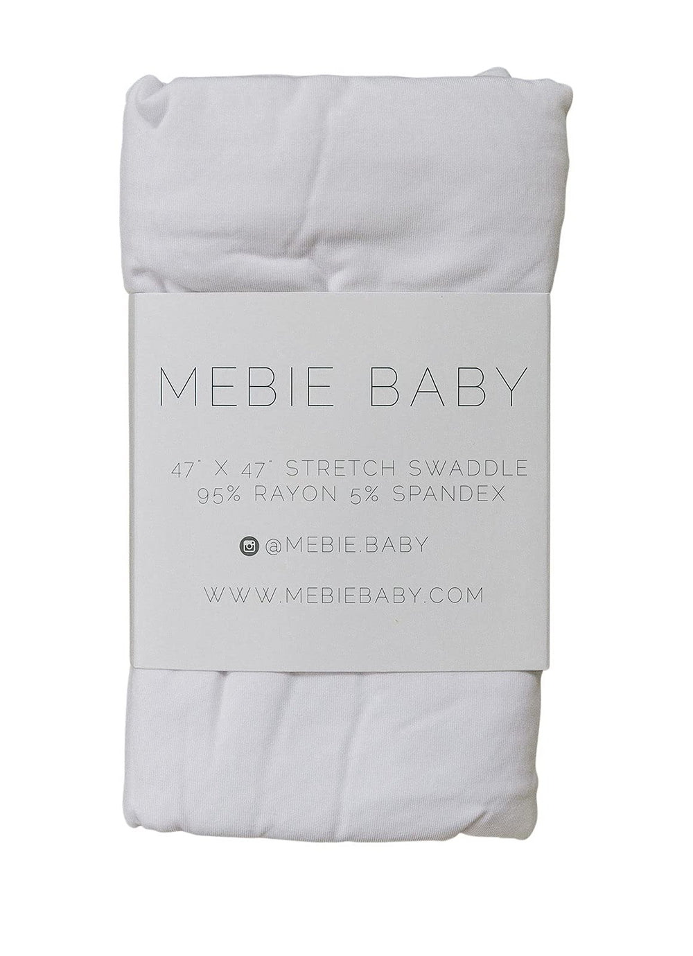 Mebie Baby white stretch swaddle demonstrates generous 47x47 inch size for secure wrapping.