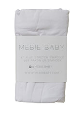 Mebie Baby white stretch swaddle demonstrates generous 47x47 inch size for secure wrapping.