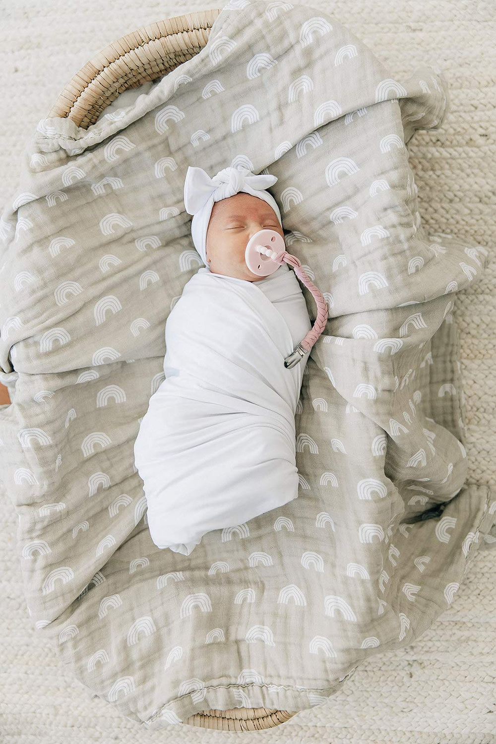 Mebie Baby fabric close-up highlights soft texture and stretch.