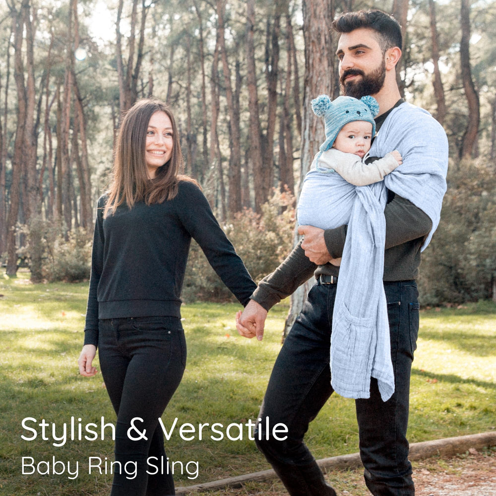 Mebien Ring Sling Dark Blue nursing-friendly design: hands-free feeding convenience.