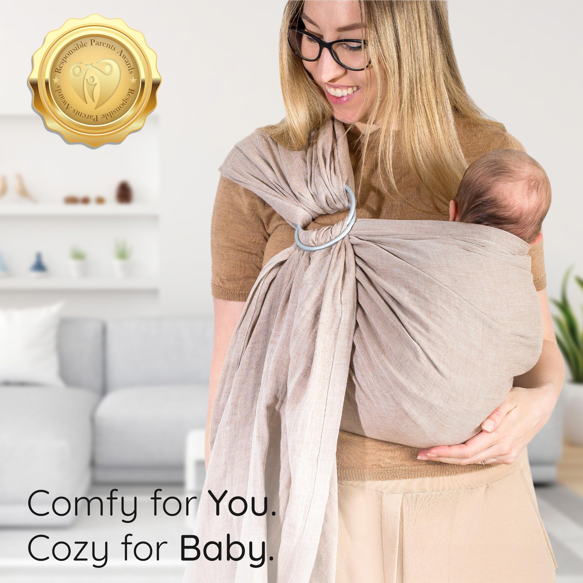 Mebien Ring Sling Sand newborn-support demonstrates hands-free soothing.