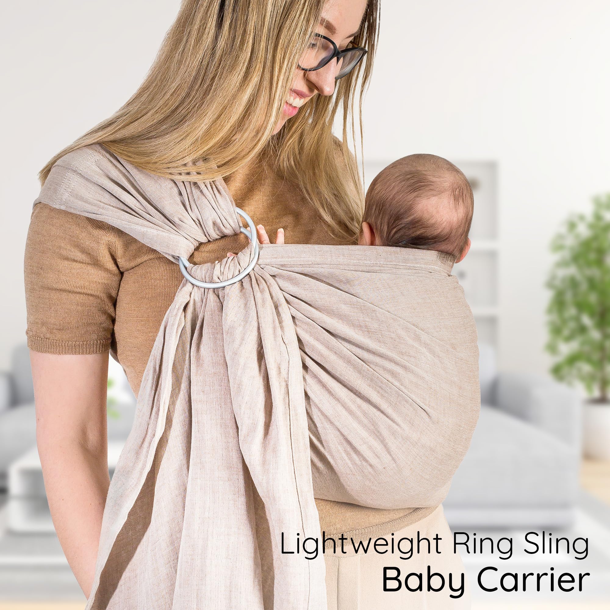 Mebien Ring Sling Sand nursing-position enables discreet, hands-free feeding.