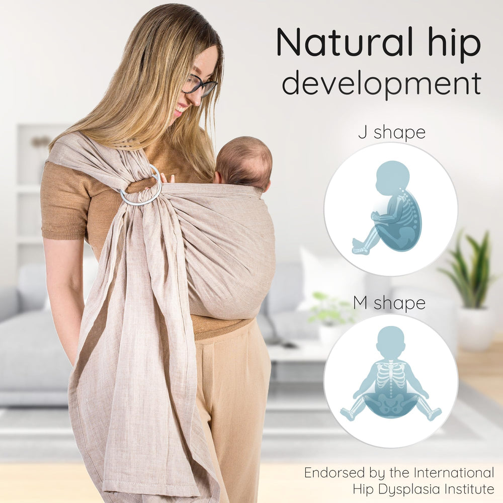 Mebien Ring Sling Sand toddler-use supports growing comfort through years.