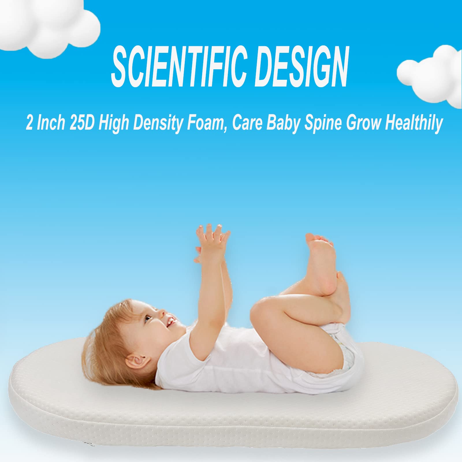 Mecc ecoh bassinet mattrss 2in foam close-up shows dense and supportive surface.