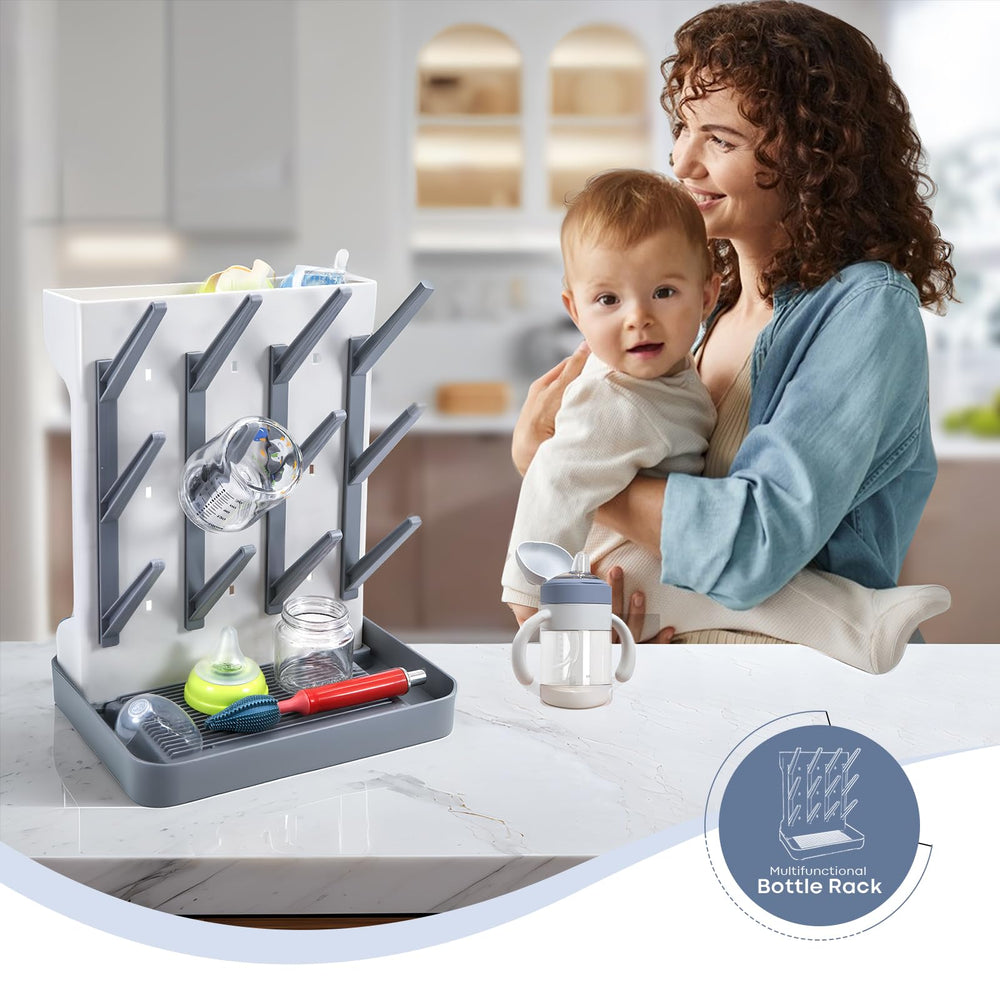 MeCids Bottle Drying Rack capacity image showing holds up to 12 bottles.