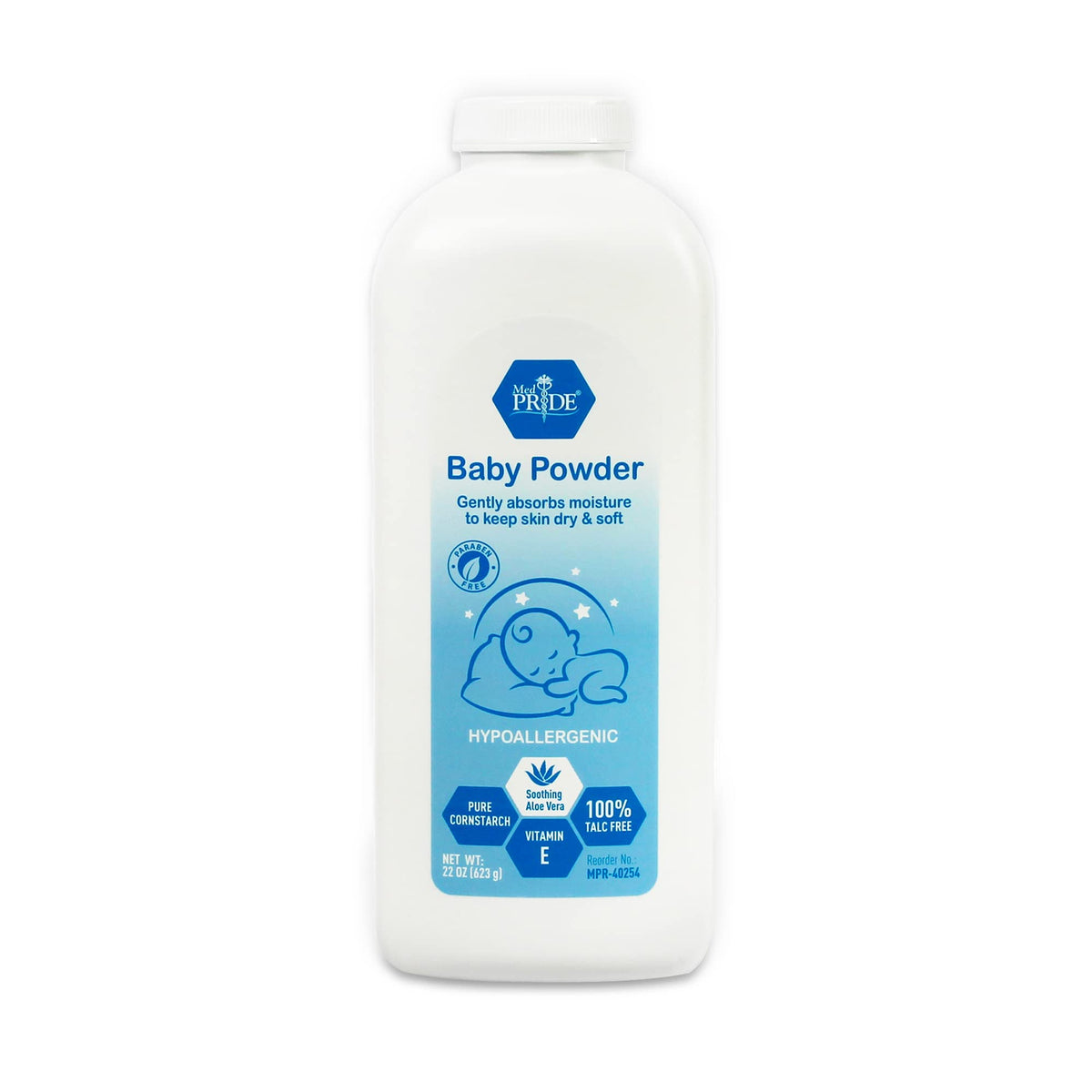 MED PRIDE baby powder bottle front showing talc-free cornstarch for moisture control