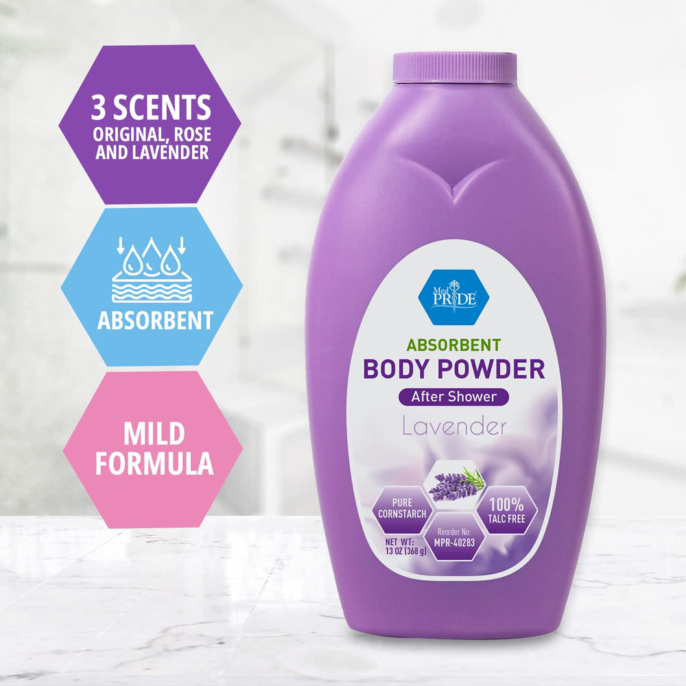 MED PRIDE lavender scent powder on vanity for quick refresh