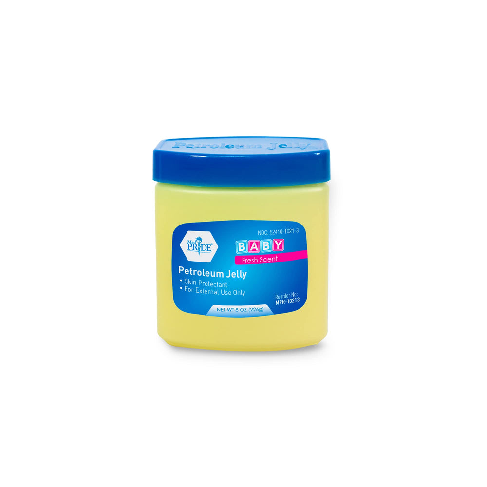 MED PRIDE petroleum jelly 8oz jar in baby blue shows gentle moisture for dry skin.