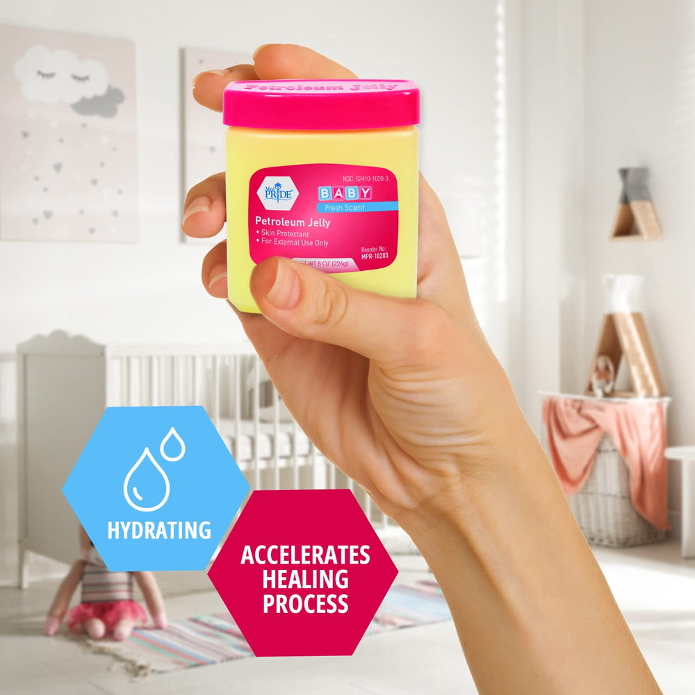 MED PRIDE petroleum jelly being applied on hands for dry-skin protection.
