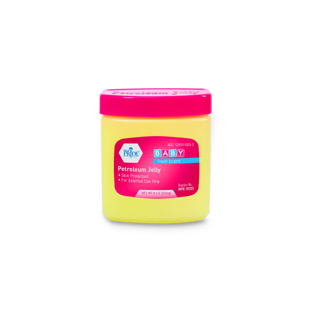 MED PRIDE petroleum jelly 8oz tub with fresh baby scent for gentle moisture.