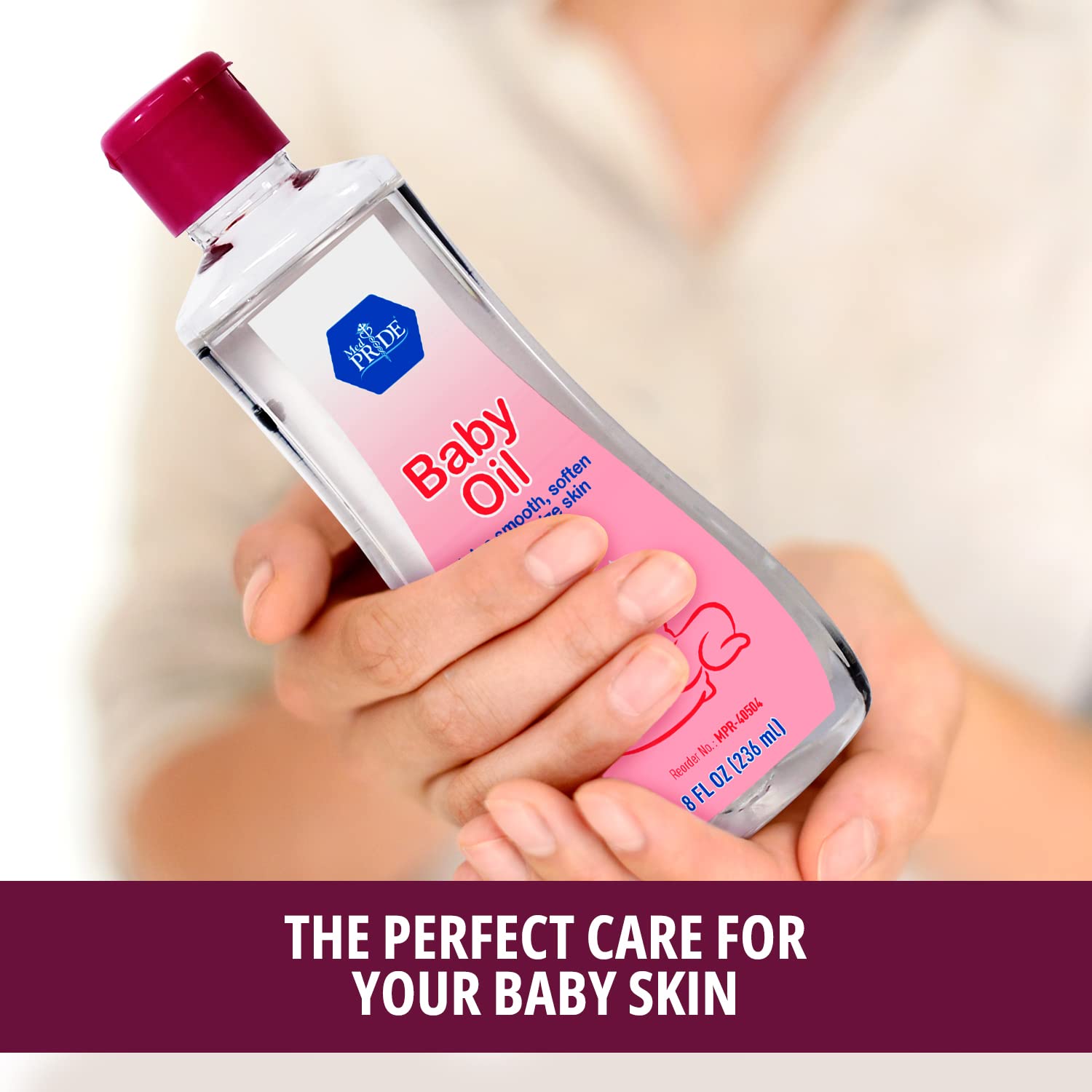 MED PRIDE Pure Unscented Mineral Oil moisture-lock bottle demonstrates hydration retention for delicate skin.
