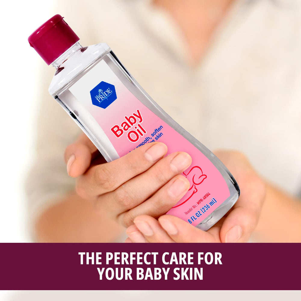 MED PRIDE Pure Unscented Mineral Oil moisture-lock bottle demonstrates hydration retention for delicate skin.
