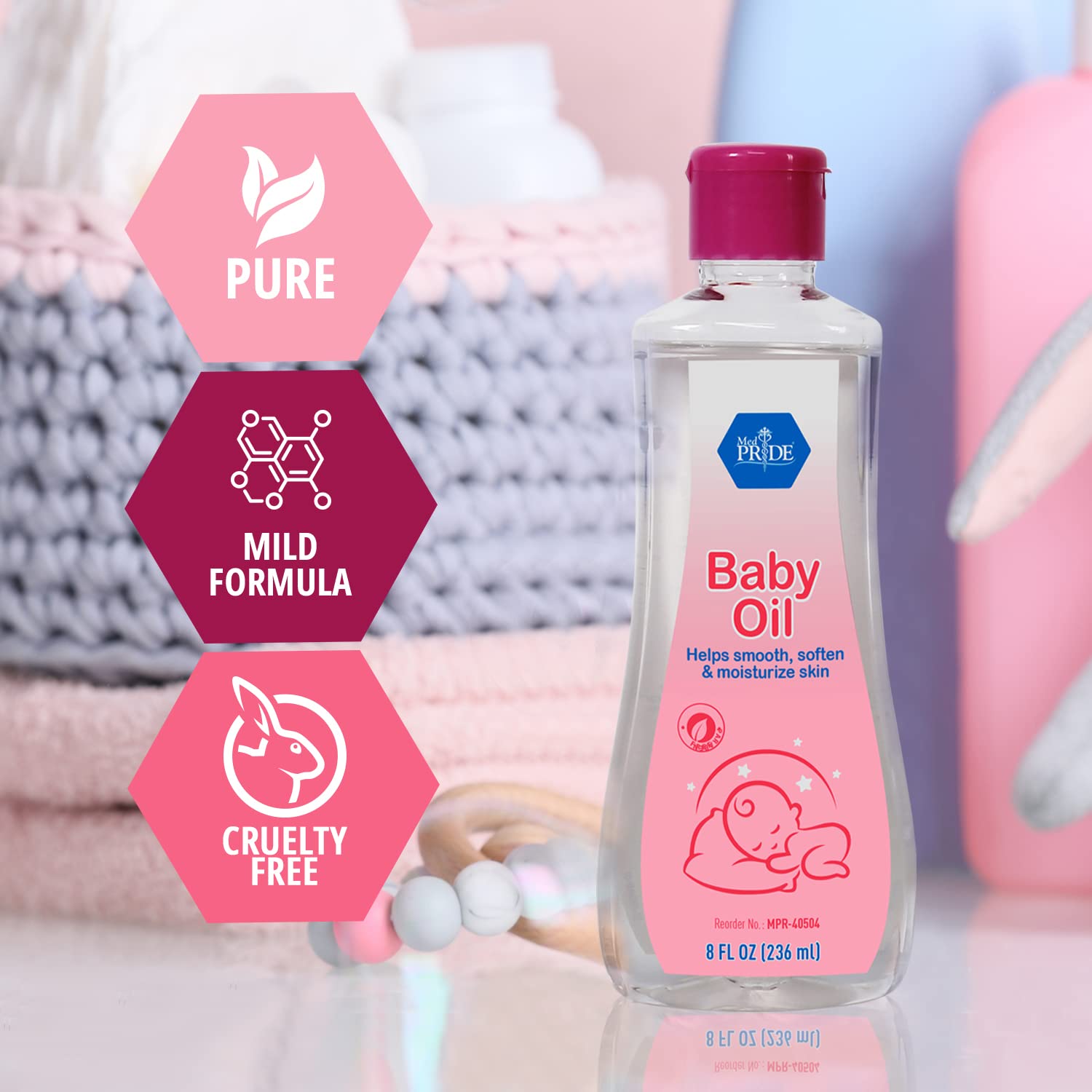 MED PRIDE Pure Unscented Mineral Oil versatile-use bottle suits baby massages and easy application.
