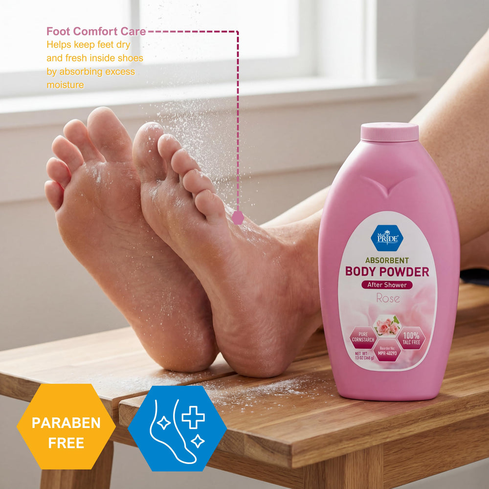 MED PRIDE Rose scented powder in bathroom setting suggests quick refreshment.