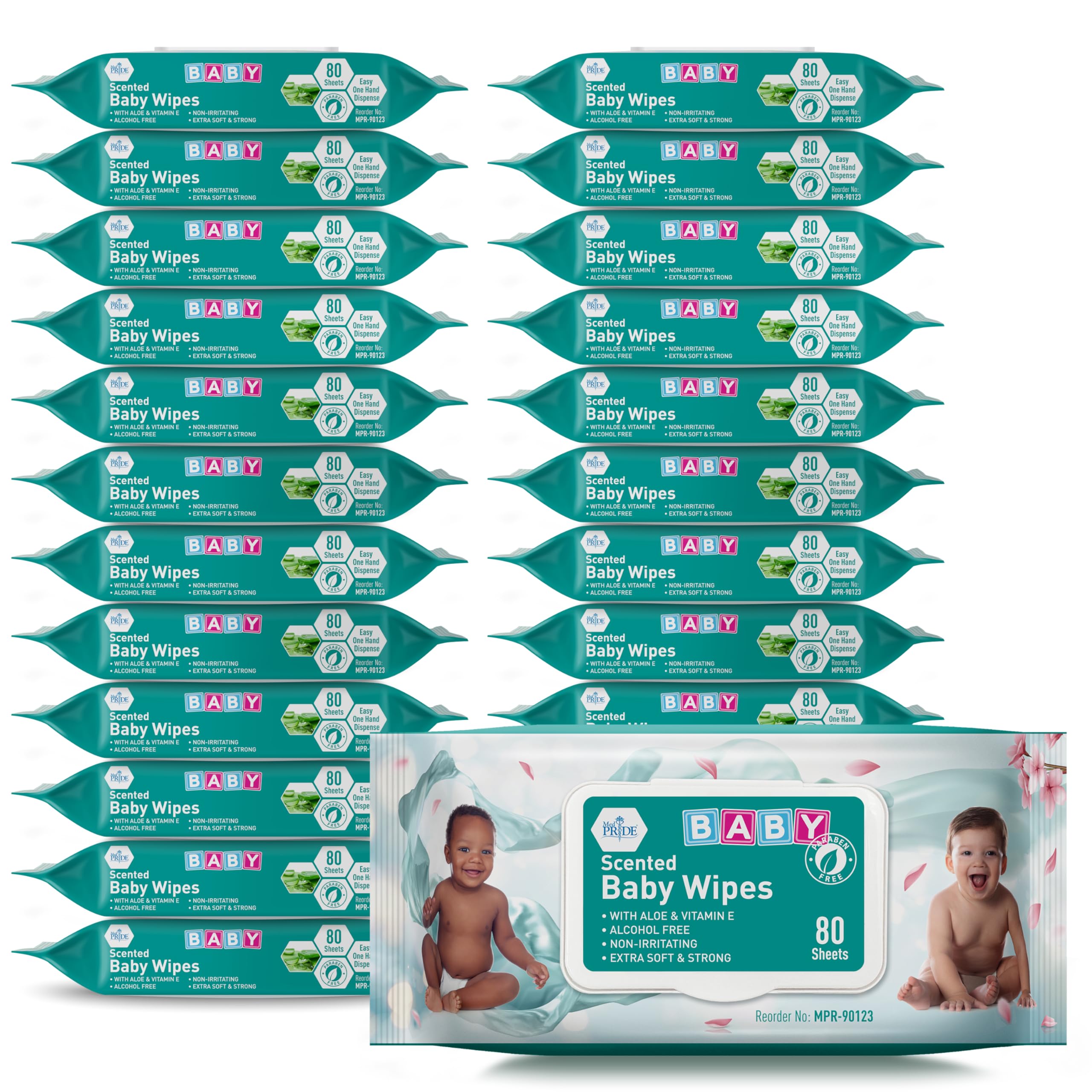 MED PRIDE Scented Baby Wipes bulk dispensing box demonstrates easy access for quick diaper changes.
