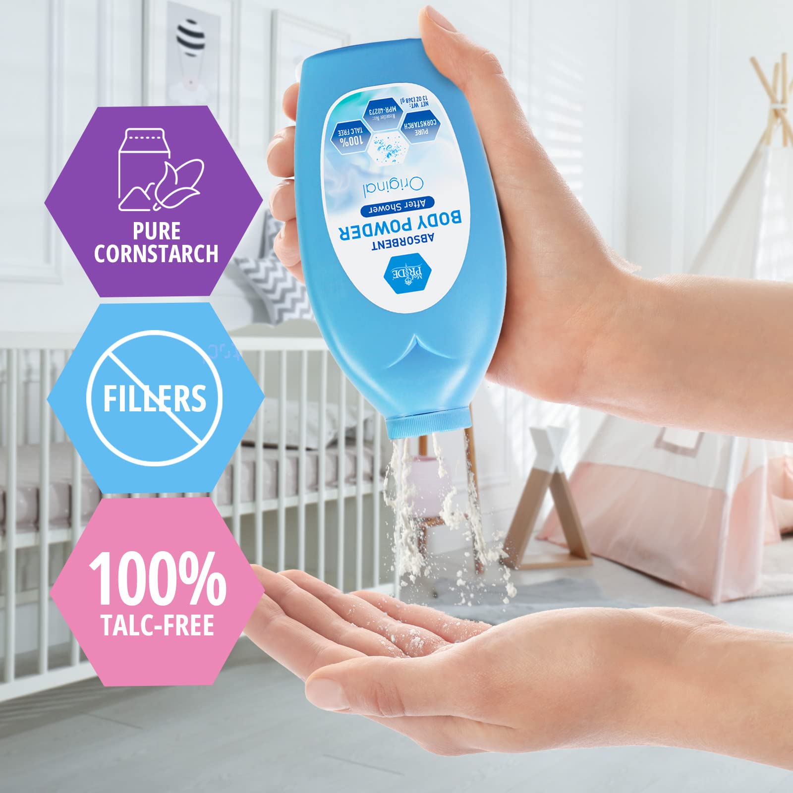 MED PRIDE body powder applied on skin for a light, clean feel after shower.
