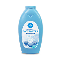 MED PRIDE talc-free powder bottle demonstrating moisture absorption for daily freshness.